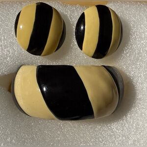 Vintage Erwin Pearl Bracelet Earring Set Black & Cream Striped Wide Chunky